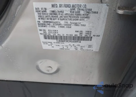 2009 Lincoln Mks из США, поврежденный, VIN 1LNHM93R39G608956